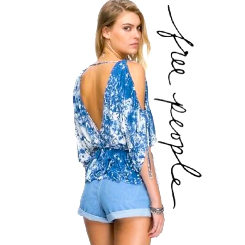 FREE PEOPLE Indigo Abracadabra Cold Shoulder Peplum Boho Style Top Size XS